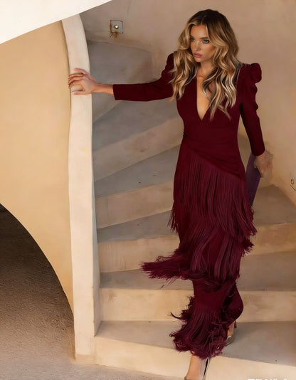 Fringe Maxi Dress Deep V Neck Long Sleeve Bodycon Party