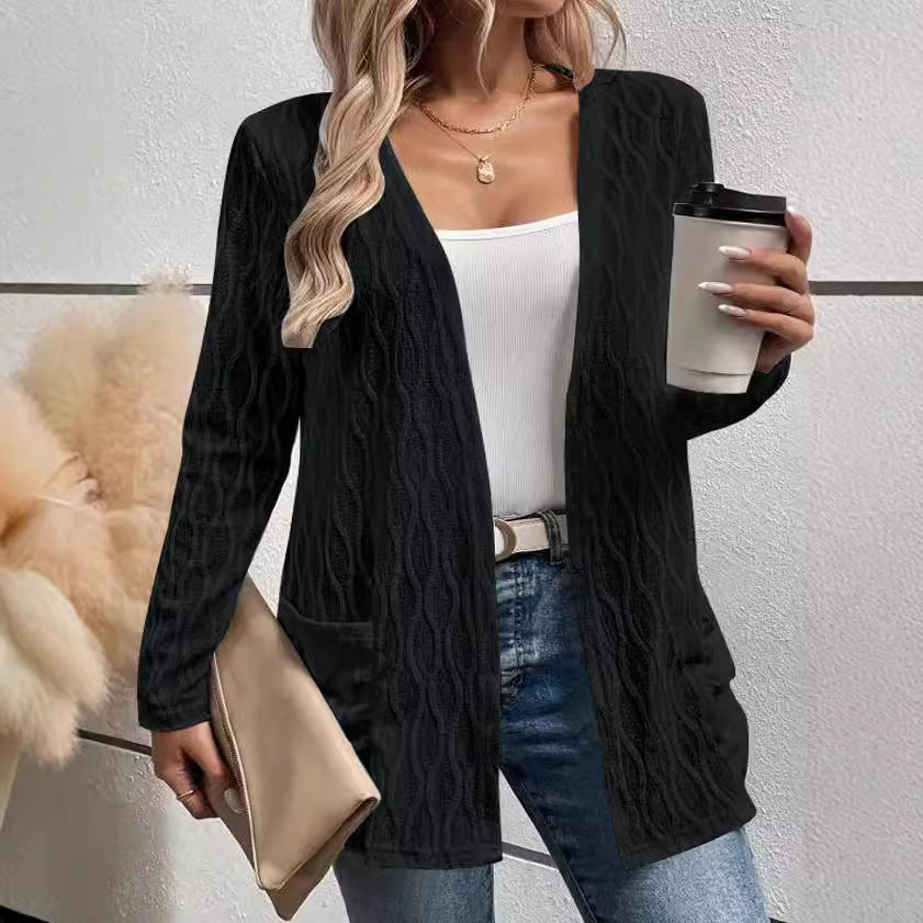 Women's Open Front Cable Knit Cardigan with Pockets