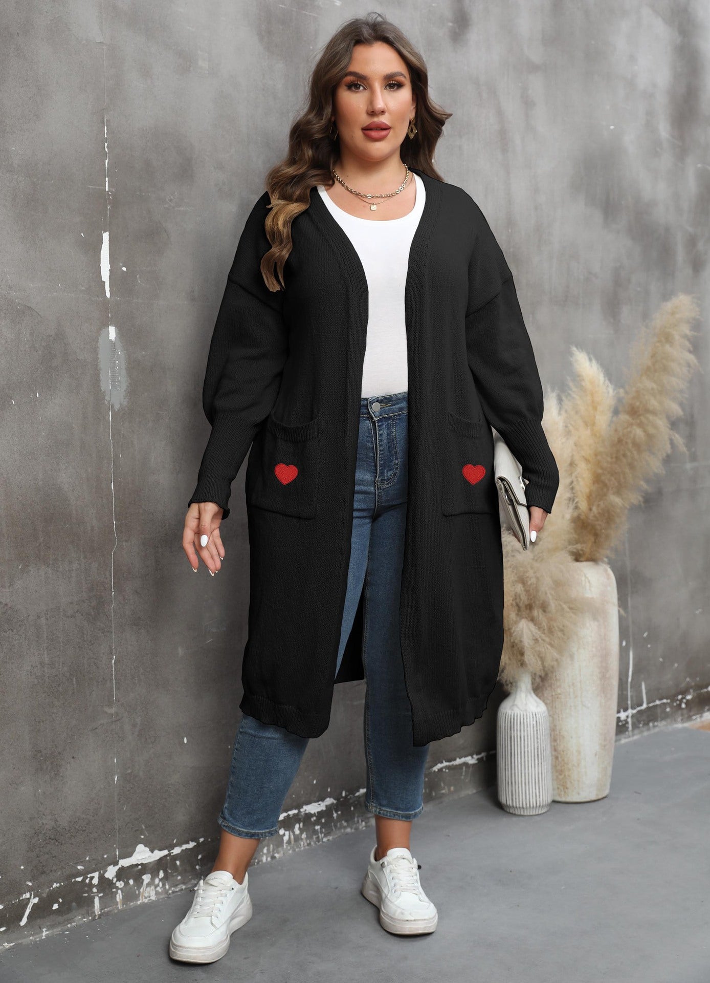 Women's Loose Medium and Long Double Pocket Lantern Sleeve Sweater Cardigan Jacket