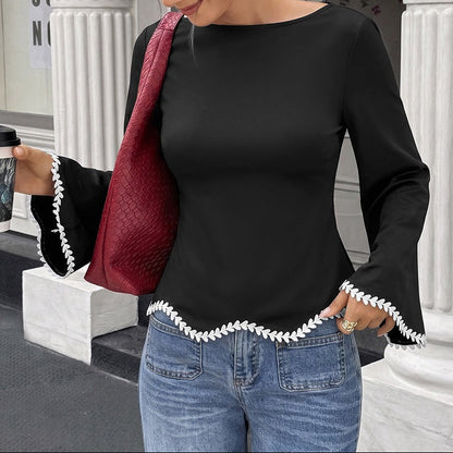 Contrast Lace Trim Boat Neck Flare Sleeve Top