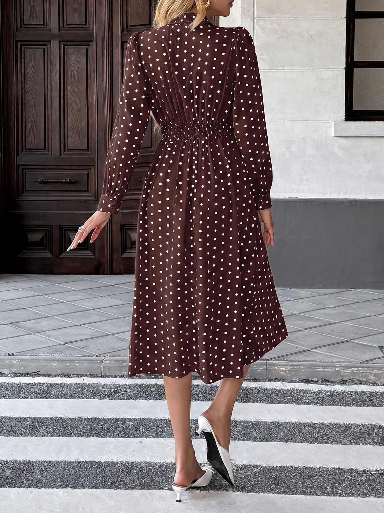 Polka Dot Bow Tie Long Sleeve A-Line Midi Dress