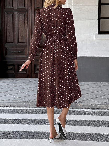 Polka Dot Bow Tie Long Sleeve A-Line Midi Dress