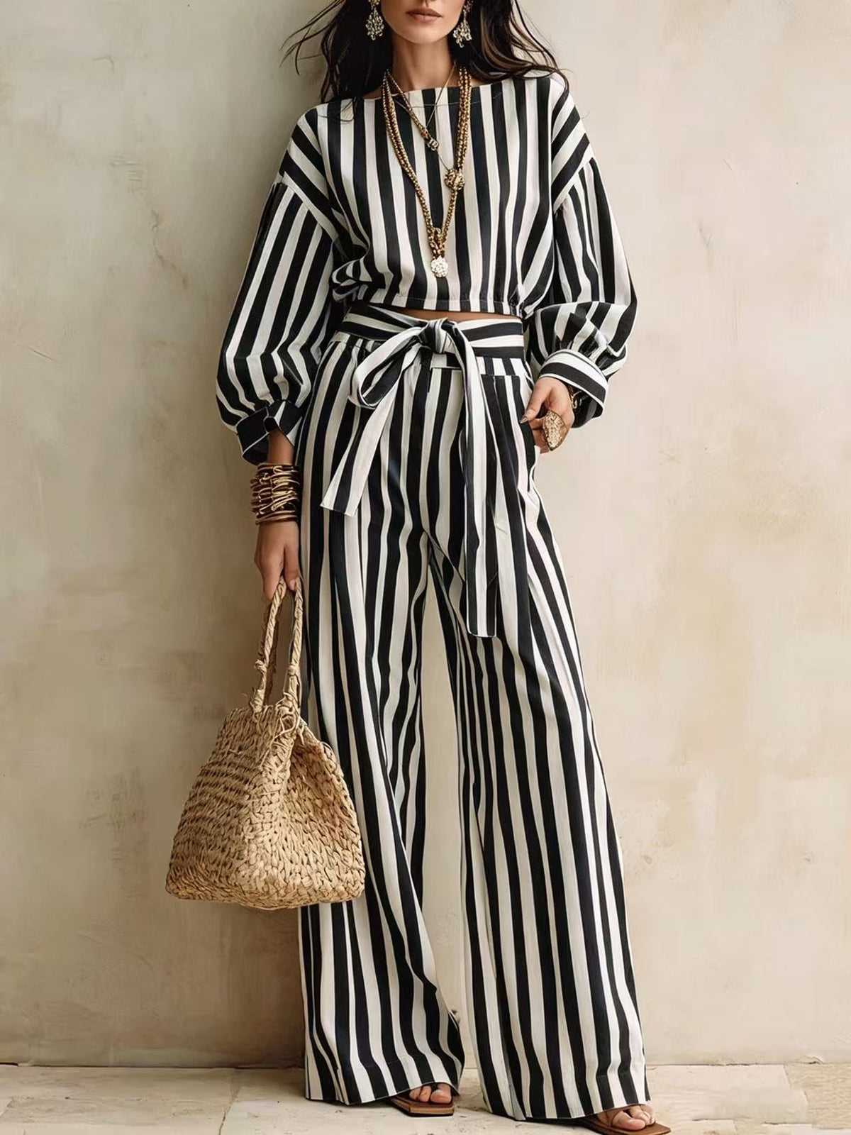 Striped Two Piece Crop Top Wide Leg Pants Set