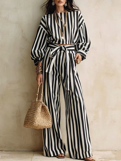 Striped Two Piece Crop Top Wide Leg Pants Set