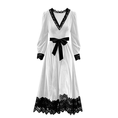 Velvet Maxi Dress V-Neck Lace Trim Puff Sleeve Flowy