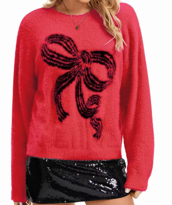 Oversized Bow Fuzzy Knit Crew Neck Sweater