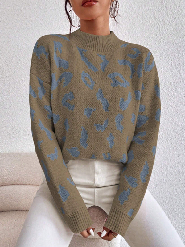 Women's Leopard Print Crew Neck Oversized Pullover Sweater