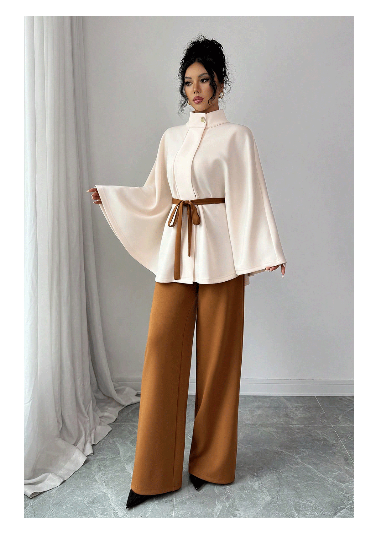 Elegant Belted Cape Top Wide Leg Pants Two Piece Set