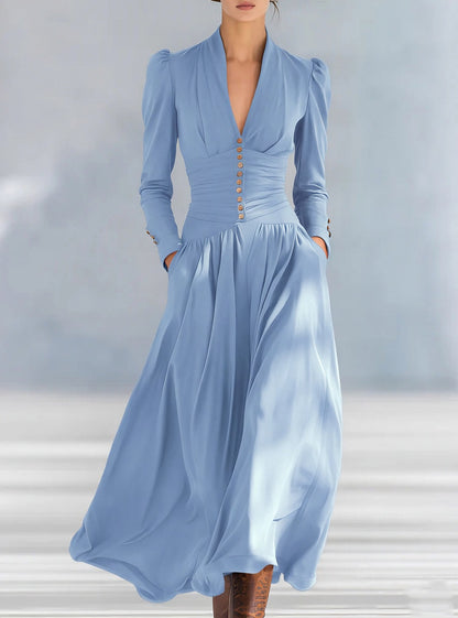 Elegant Satin V-Neck Puff Sleeve Ruched Formal Maxi Dress