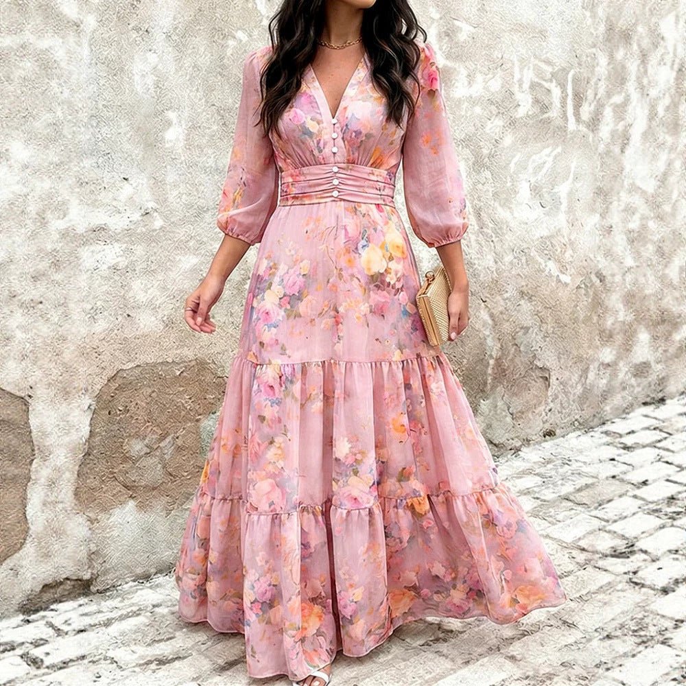 Floral Chiffon Maxi Dress V-Neck 3/4 Sleeve Smocked Tiered