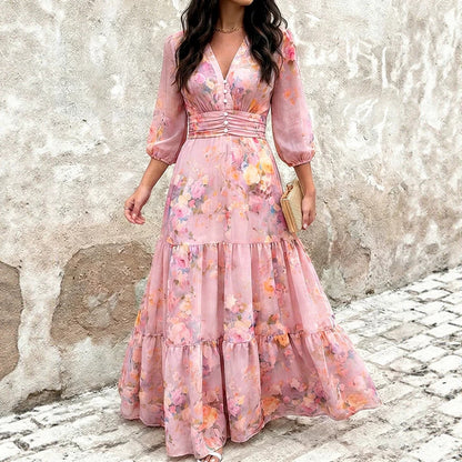 Floral Chiffon Maxi Dress V-Neck 3/4 Sleeve Smocked Tiered