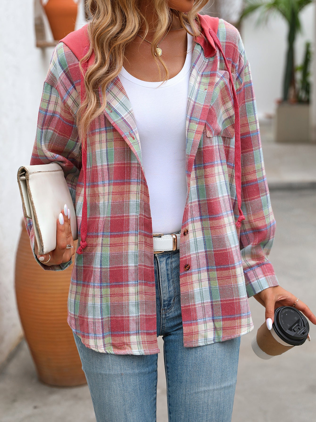 Plaid hooded button down shirt oversized fit