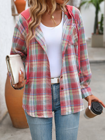 Plaid hooded button down shirt oversized fit