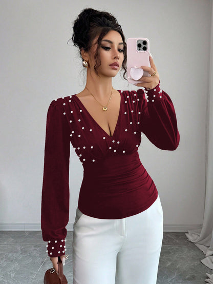 Black Pearl Studded V-Neck Long Sleeve Slim Fit Top Women