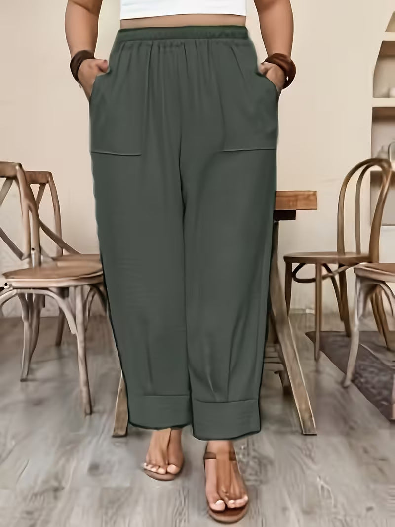 Plus Size Linen Look Elastic Waist Tapered Pants