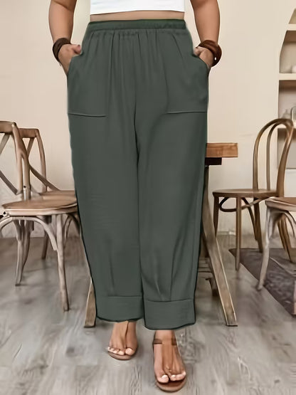 Plus Size Linen Look Elastic Waist Tapered Pants