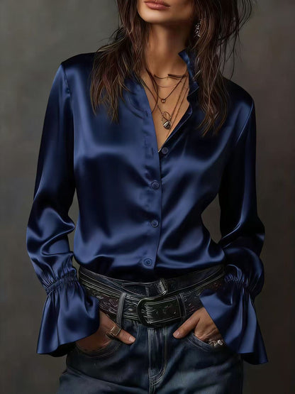 Women's Satin Bell Sleeve Button Down Blouse