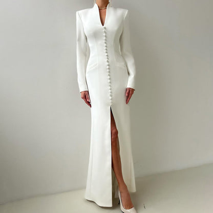 V-Neck Long Sleeve Button Front Slit Bodycon Maxi Dress