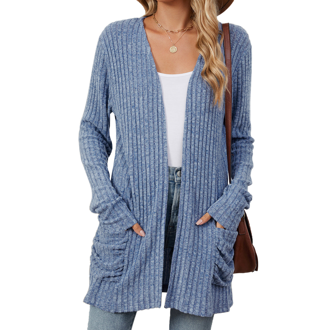 Simple Pocketed Long Sleeve Cardigan Knit Top