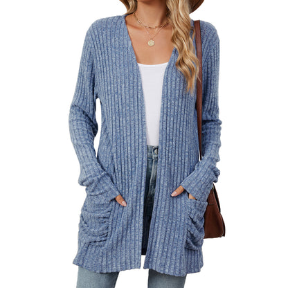Simple Pocketed Long Sleeve Cardigan Knit Top