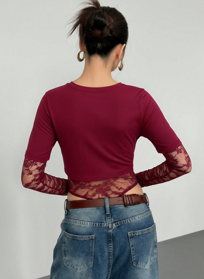 Lace Patchwork Bodysuit Top Women Sexy Crop Tee Shirt