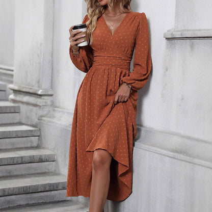 Women's V-Neck Lantern Sleeve Smocked Waist Midi Dress