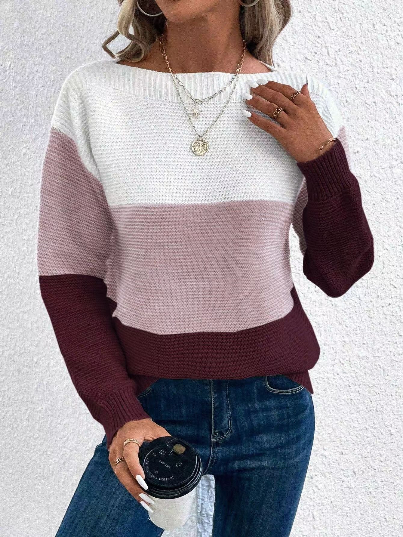 Women's Color Block Crew Neck Knit Pullover Sweater
