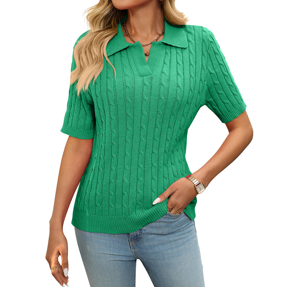 V-neck Twisted Knit Jumper, Short-Sleeve Lapel Sweater