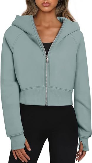 Women's Cropped Zip Up Hoodie Fleece Long Sleeve Jacket