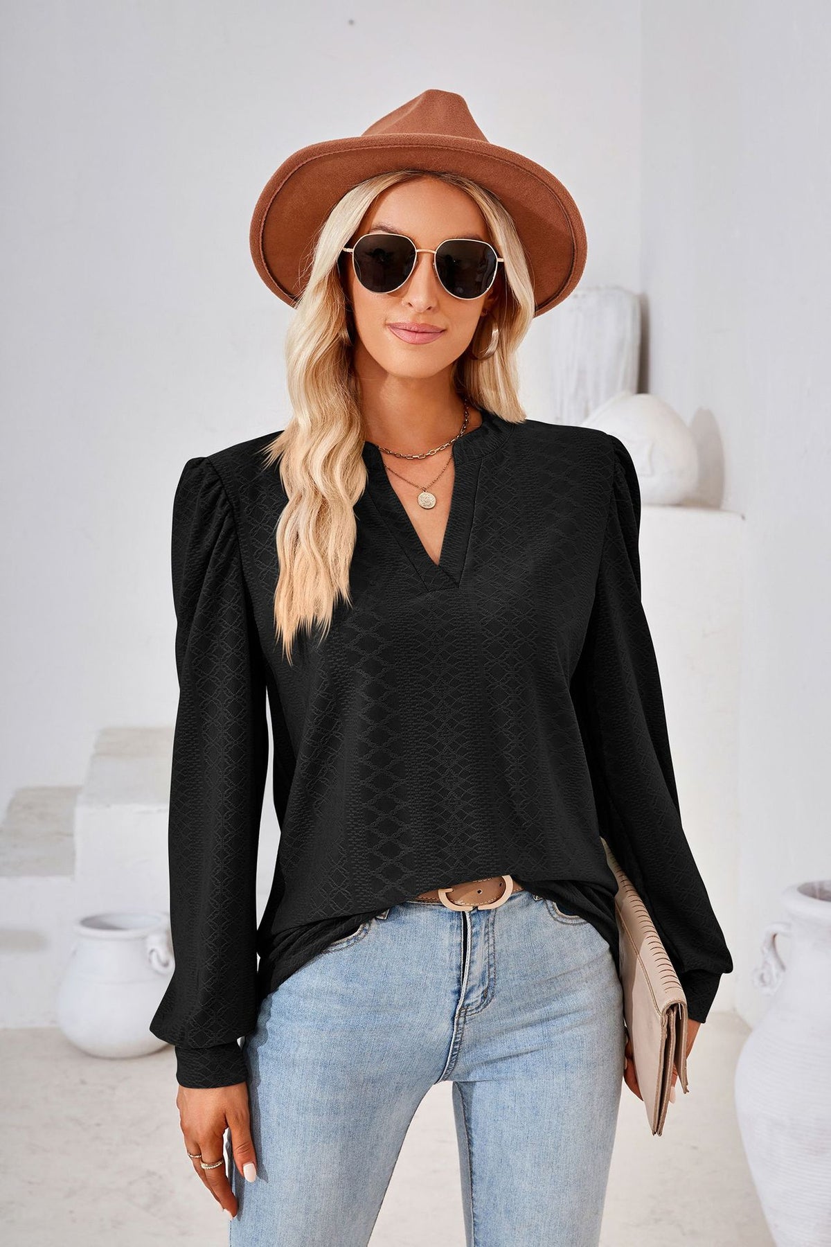 Women's V Neck Puff Sleeve Textured Tunic Top Long Sleeve
