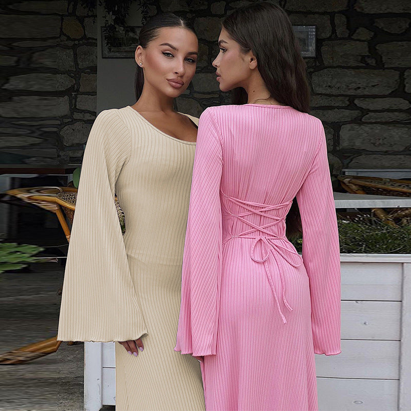 Square Neck Tie Back Long Sleeve Ribbed Maxi Dress