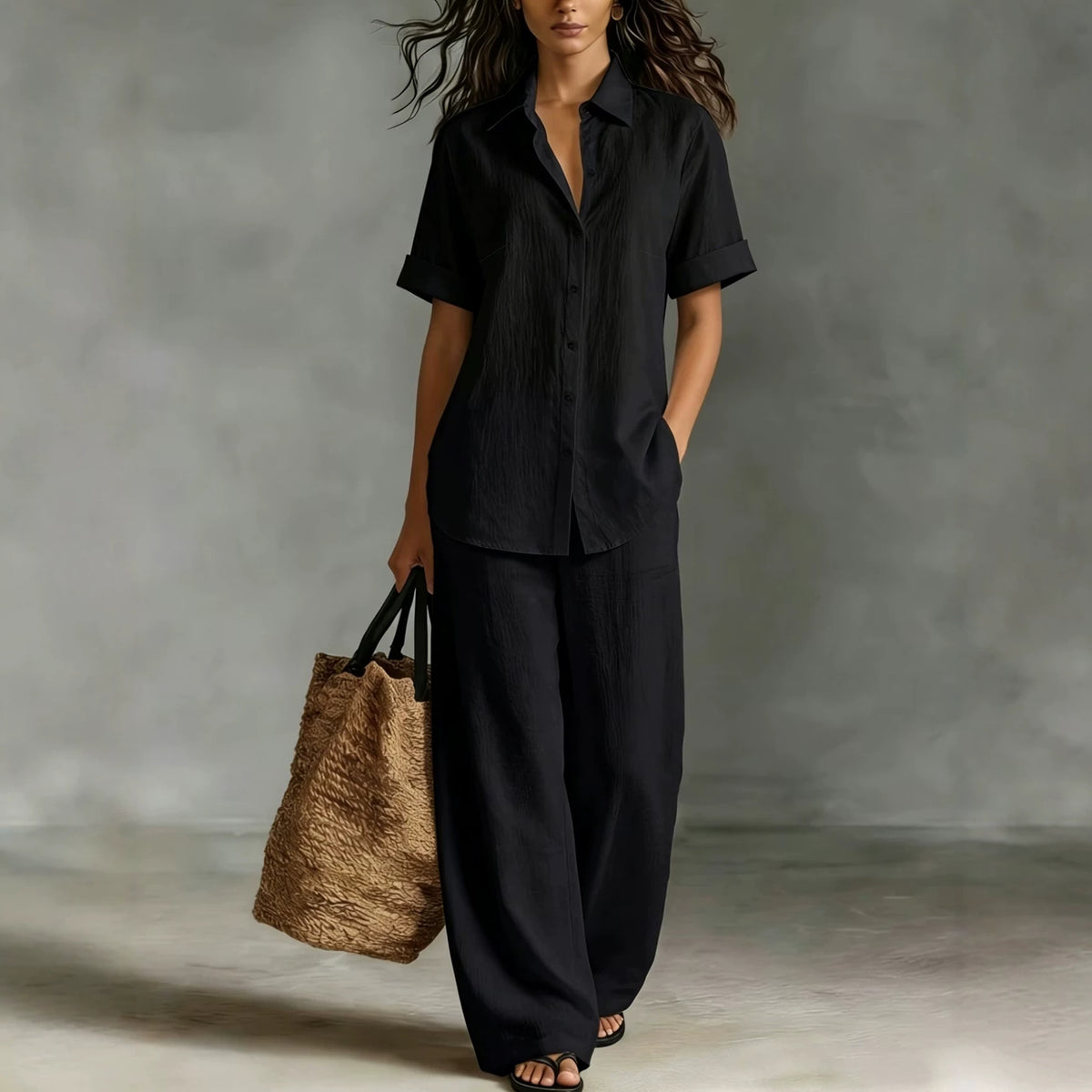 Women's Linen Look Shirt Wide Leg Pants Matching Set