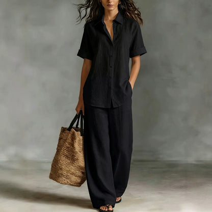 Women's Linen Look Shirt Wide Leg Pants Matching Set