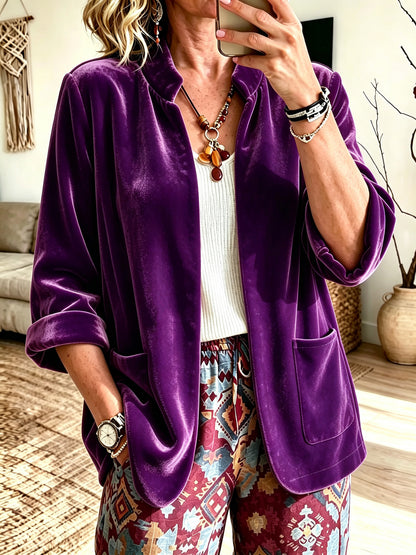 Women's Velvet Blazer Open Front Long Sleeve Pockets