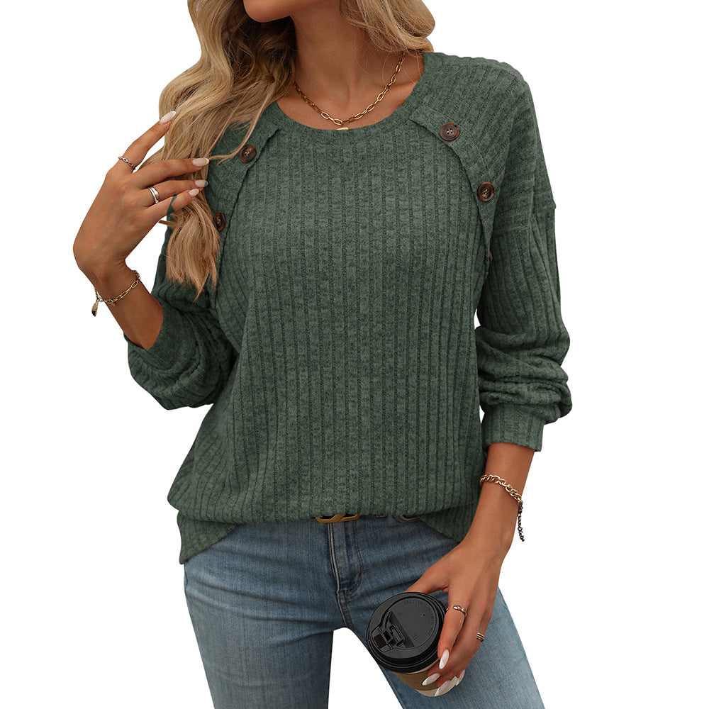 Casual Solid Color Ribbed Knit Button Detail Long Sleeve Top
