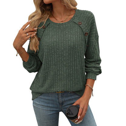 Casual Solid Color Ribbed Knit Button Detail Long Sleeve Top