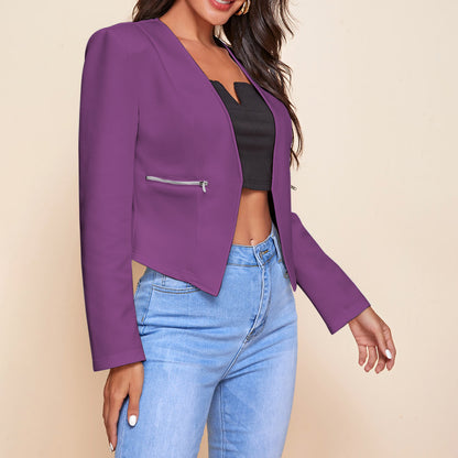 Women's Cropped Blazer Open Front Zip Pocket Jacket