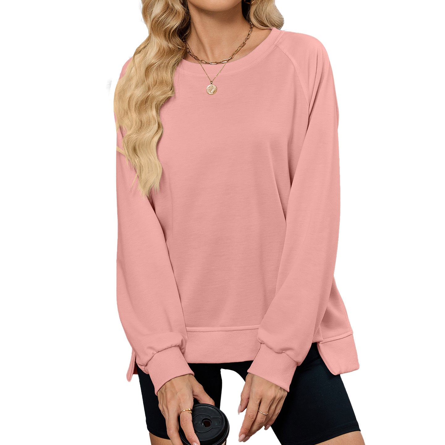 Women Oversized Crewneck Sweatshirt Long Sleeve Side Slit