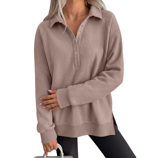 Women's Oversized Collared Button Pullover Sweatshirt