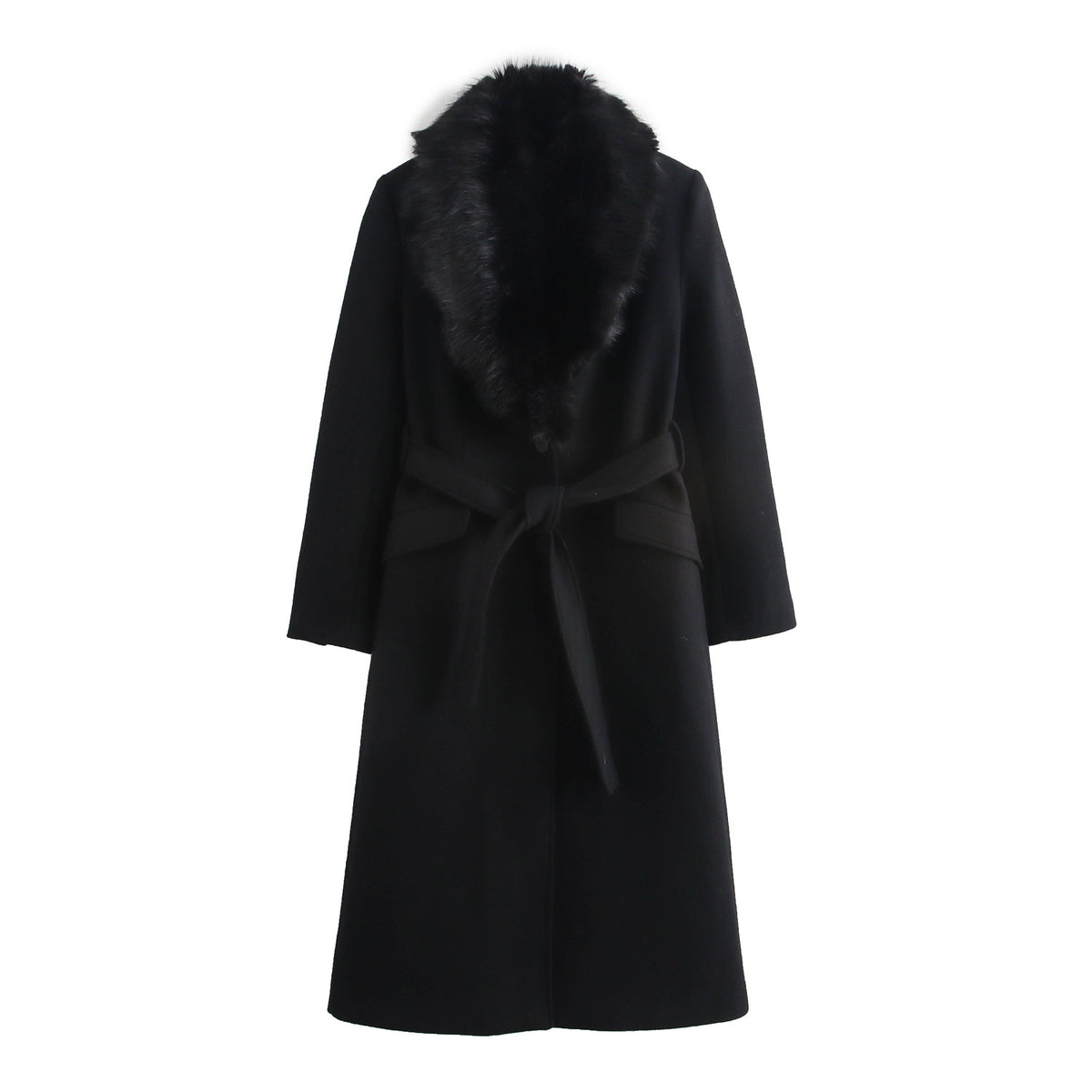 Women's Faux Fur Collar Belted Wool Trench Coat