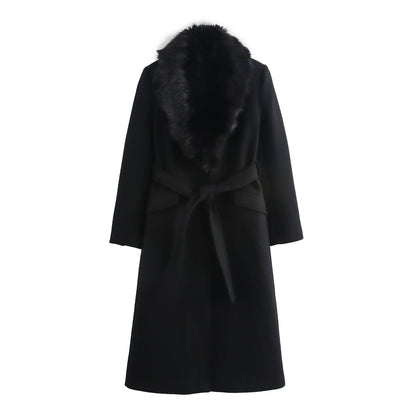 Women's Faux Fur Collar Belted Wool Trench Coat