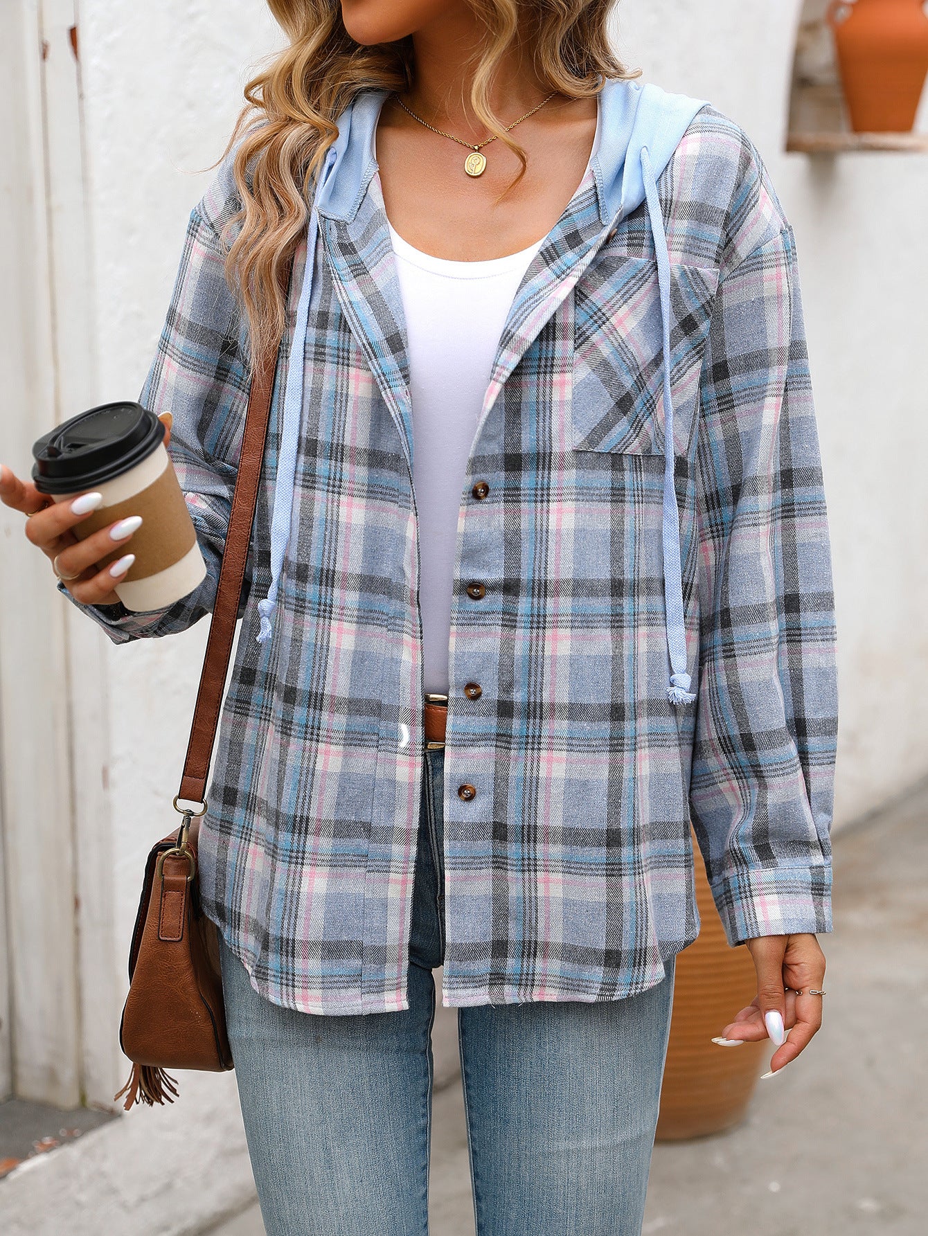 Plaid hooded button down shirt oversized fit