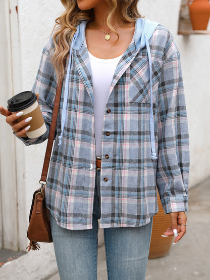 Plaid hooded button down shirt oversized fit