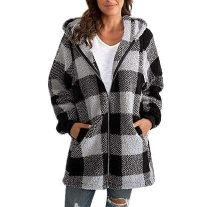 Womens Oversized Sherpa Plaid Hooded Zip Up Jacket