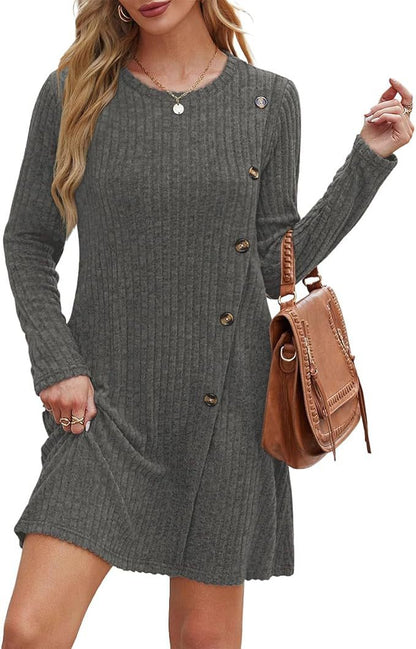Ribbed Long Sleeve Dress with Side Buttons & Pockets