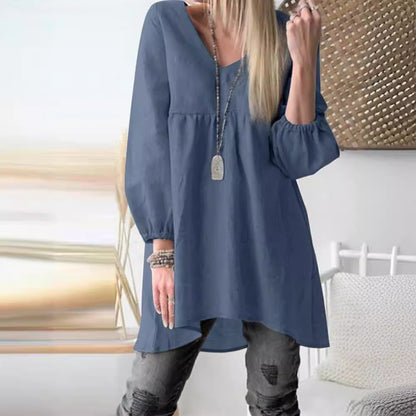 Women's V-Neck Balloon Sleeve Cotton Blend Tunic Top