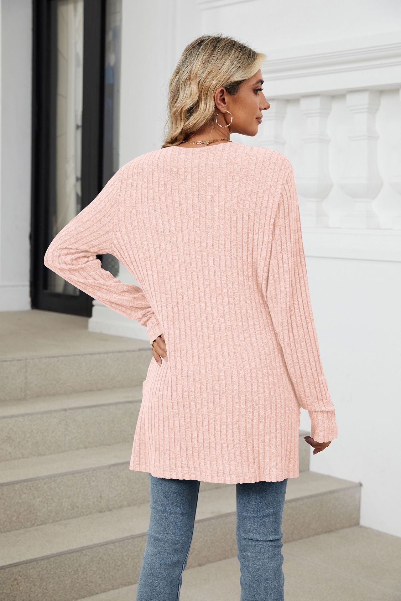 Simple Pocketed Long Sleeve Cardigan Knit Top