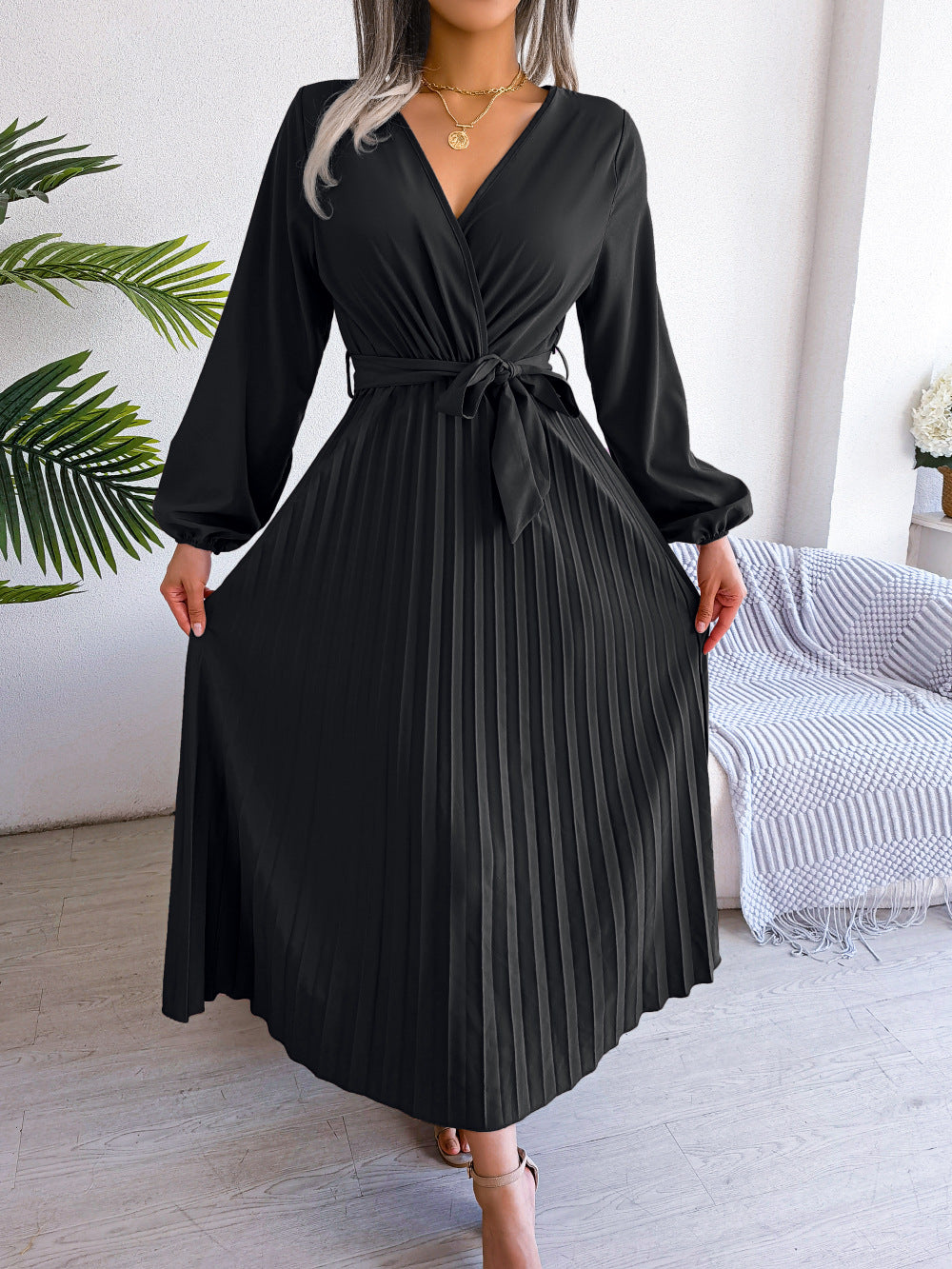 V-Neck Wrap Pleated Maxi Dress Long Sleeve Tie Waist