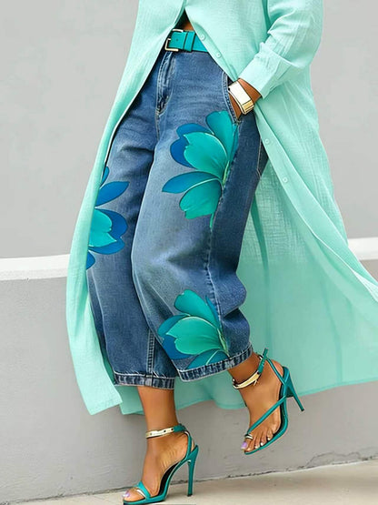 Women's Floral Denim Wide Leg Pants