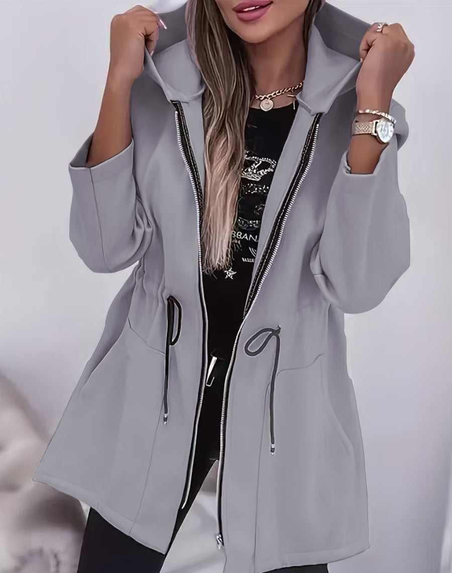 Women's Hooded Drawstring Waist Zip-Up Mid Length Jacket